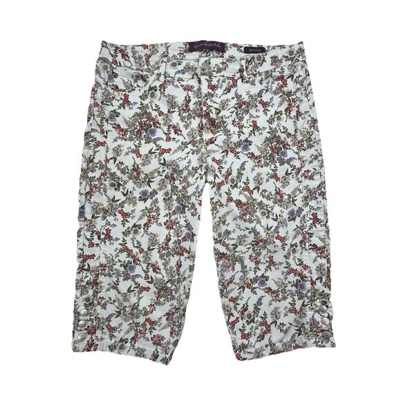Gloria Vanderbilt Skimmer Pants 14 Floral Stretch Capris Button Hem Cotton - Picture 1 of 11